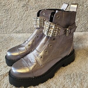 Karl Lagerfeld Rhinestone Ankle Metallic‎ Silver Leather Combat Boots 5M NEW